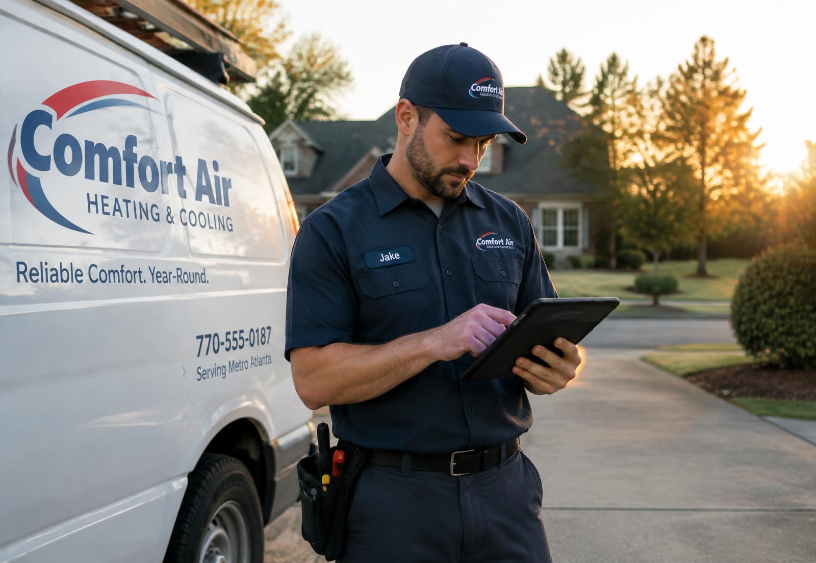 Service technician reviewing job details on a tablet beside his work van