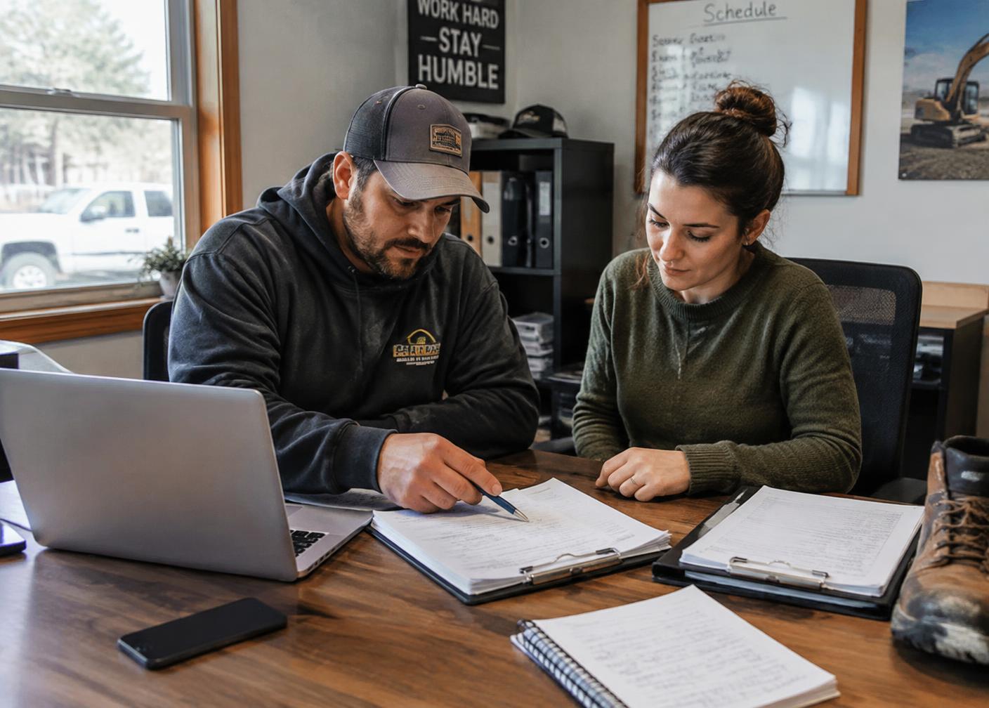 Trade business owner reviewing schedules and invoices with a support specialist